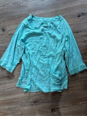 Sigrid Olsen Turquoise V-Neck Button-Trim Tunic